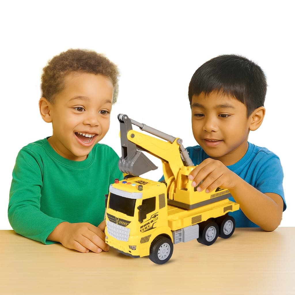 Amazon Brand - Jam & Honey Friction Powered Excavator Truck Toy for Kids 3+ Years, BIS Certified Safe, Light & Sound Construction Vehicle Toy, Push and Go Toy, Yellow