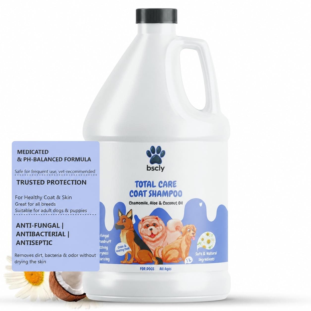 Bscly Total Care Dog Shampoo 1000ml | Anti Tick & Flea Shampoo for Dogs | Anti-Itch, Antifungal & Antibacterial Pet Shampoo | pH Balanced Puppy Safe Shampoo for Soft Shiny Coat