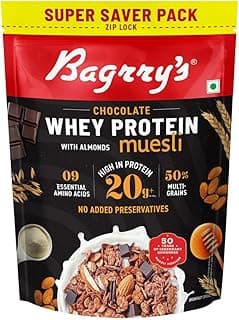 Bagrry's Whey Protein Muesli 750g | 20g+ Protein | Chocolate Flavour | Whole Oats, Whey Protein, Californian Almonds & Bran | Breakfast Cereal | High Protein & Fibre | Premium American Whey Muesli