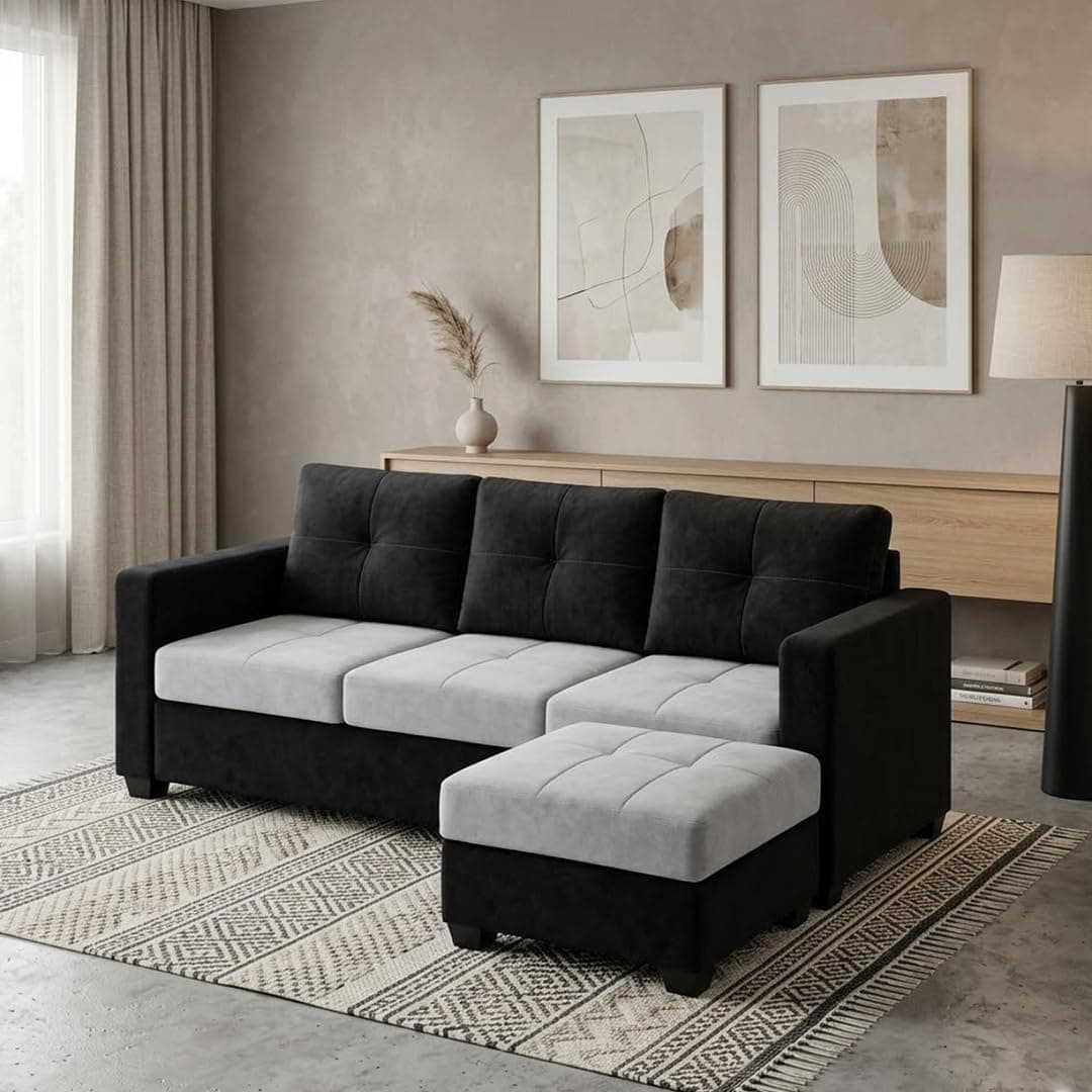 FURNY Hermon 4 Seater L Shape Sofa Set with Movable Ottoman | Flexible Left or Right Layout | Plush Velvet Fabric (Black-Light Grey) | Perfect for Living Room, Guest Room & Office