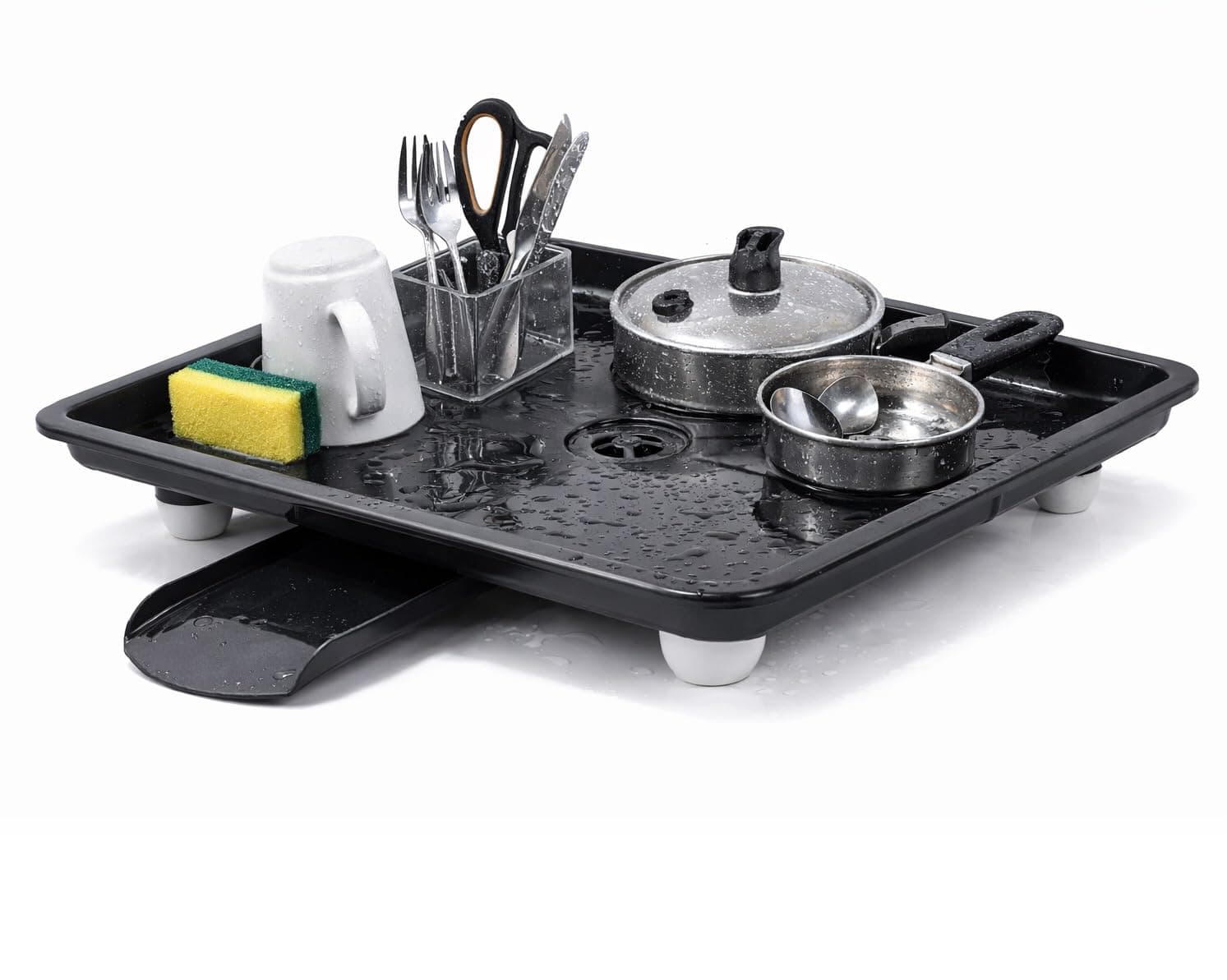 SmartSlide Dish Drainer Tray for Kitchen Sink | Plastic Utensil Drying Tray with Water Drain Spout | Countertop Dish Drying Stand (12 x 17 Inch) (Black)