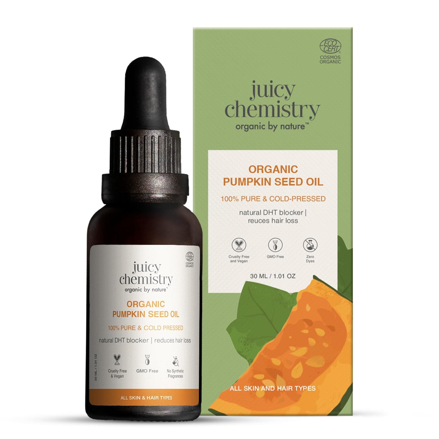 Juicy Chemistry Organic Pumpkin Seed Oil, 30ml | 100% Pure, Cold Pressed & Therapeutic Grade | Nourishes Skin, Hair & Scalp | Natural DHT Blocker | Hydrating & Rich in Antioxidants | Strengthens Nails & Prevents Chipping | Dermatologically Tested