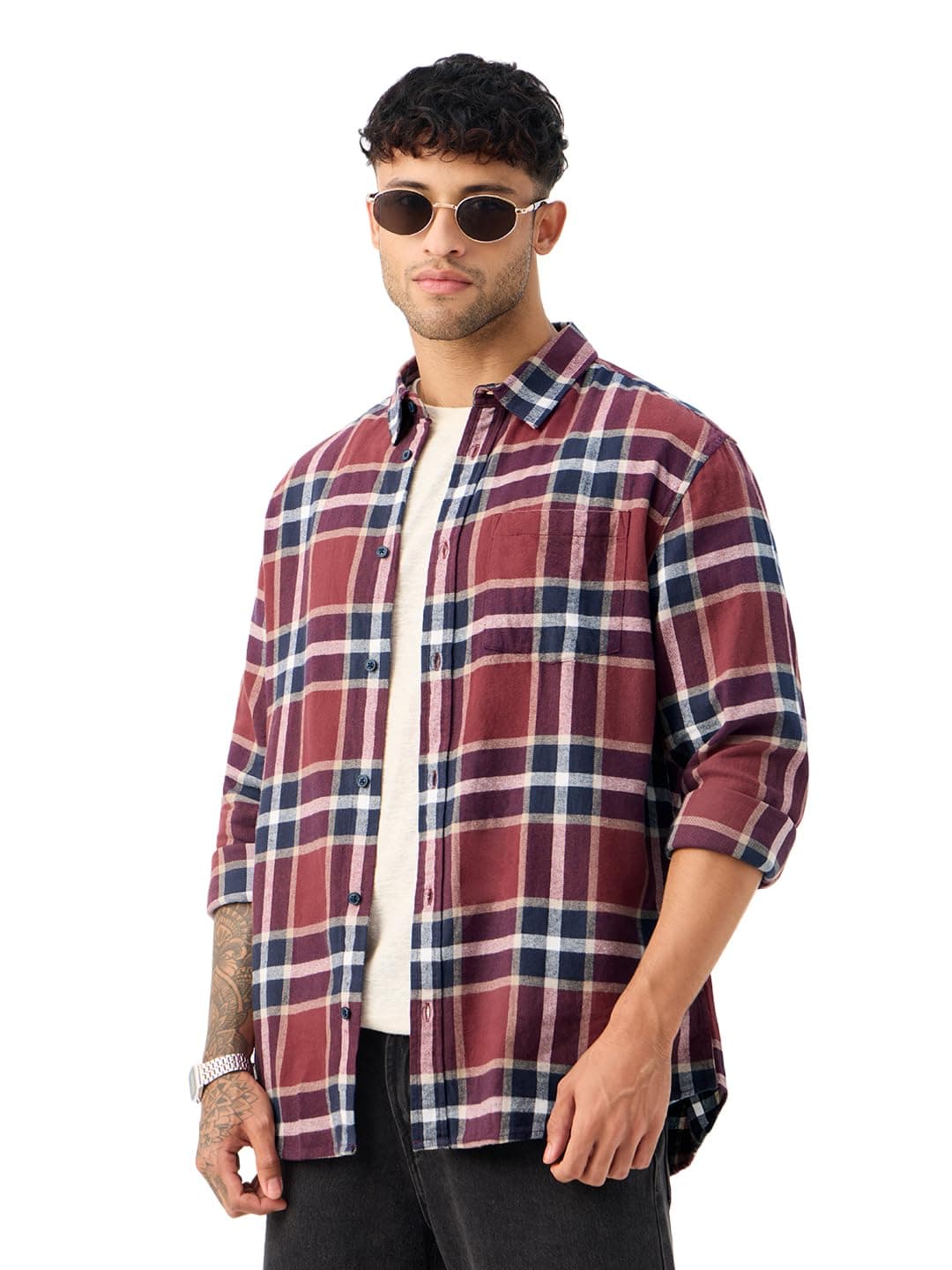 The Souled Store Plaid: Black/Blue/Red Checks Long Sleeve Collared Neck Button Down Cotton Relaxed Fit Shirts for Men and Boys - Classic and Casual Wardrobe Essentials
