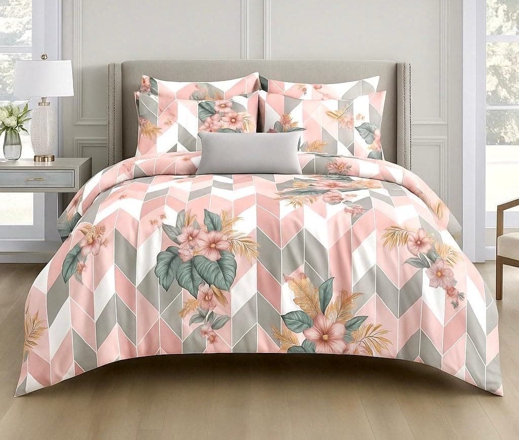 Ab Home Decor 350 TC Microfiber Comforter Set King Size Double Bed with Elastic Fitted Bedsheet 72x78x8 Inch All Around Elastic II 4 pc Elastic Fitted Bedding Comforter Set-Pink Pot