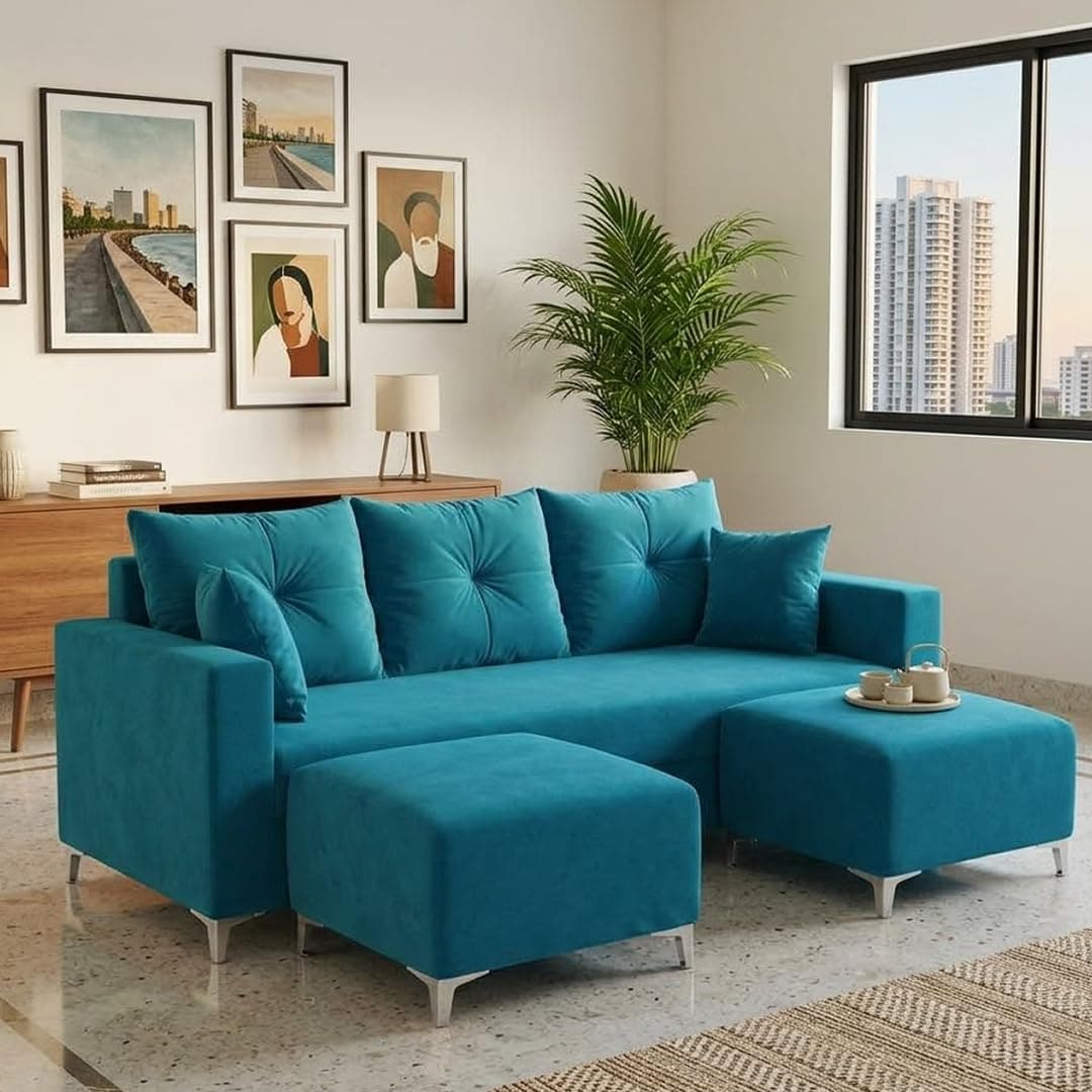 CASACOMFORT Zora 5 Seater L Shape Sofa Set with 2 Movable Ottomans | Flexible Layout | Rich Velvet Suede Fabric | Silver Legs | Spacious Seating | Modern Sofa for Living Room (Aqua Blue)
