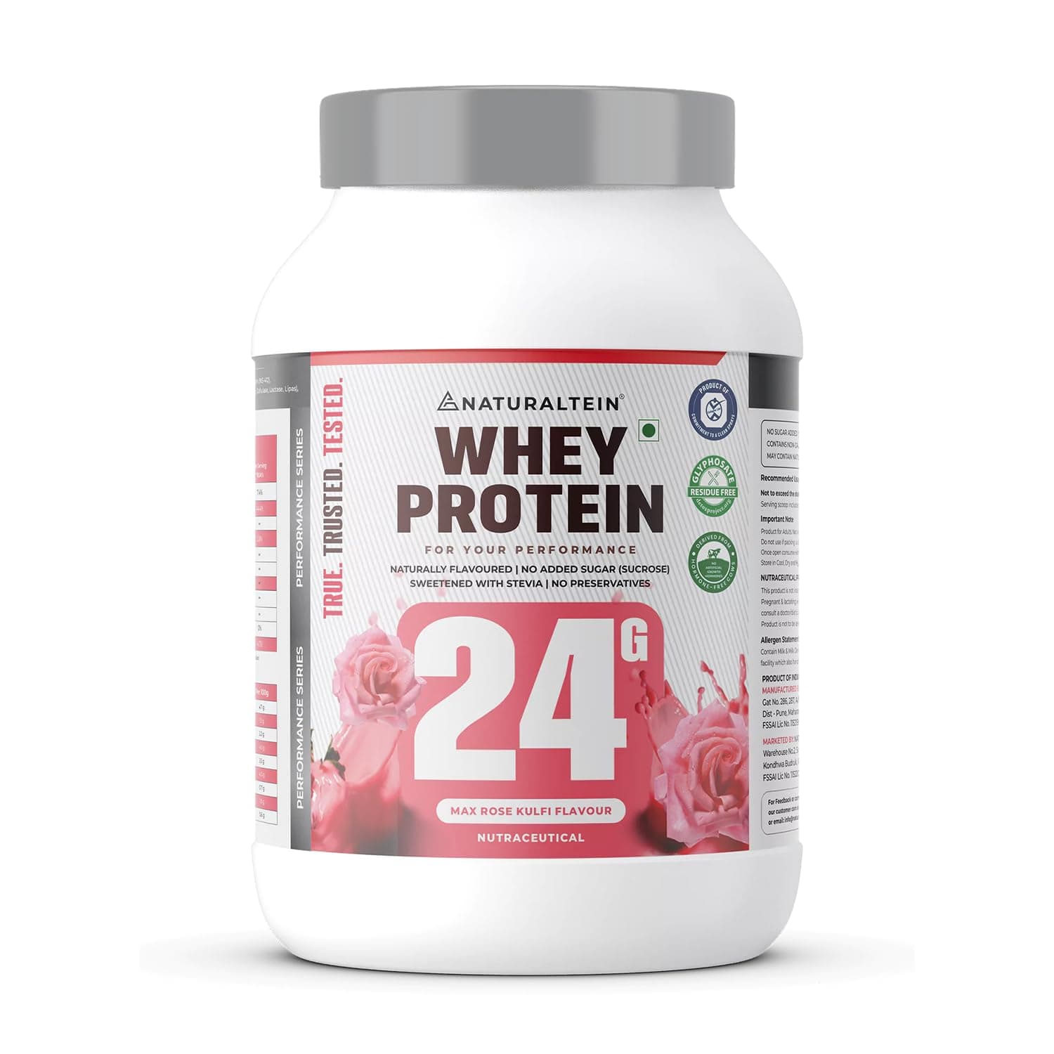 NATURALTEIN Natural Whey Protein – 24g Protein per Serving | Max Rose Kulfi Flavour | Stevia Sweetened | No Added Sugar | Non-GMO | Soy-Free & Gluten-Free | Natural | Super Mixability | 1 kg