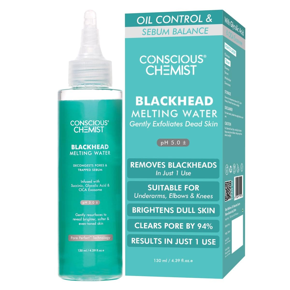 Conscious Chemist® Blackhead Melting Water | 130ml | Gentle Pore treatment with Succinic, Glycolic Acid & CICA Exosome | Unclogs Pores, Dissolves Blackheads & Smoothens Skin | Toner For Men & Women