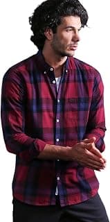 THE BEAR HOUSE Men's Cotton Slim Flannel Button-Down Casual Shirt |Maroon |L |TBH-UBER-MR-L |