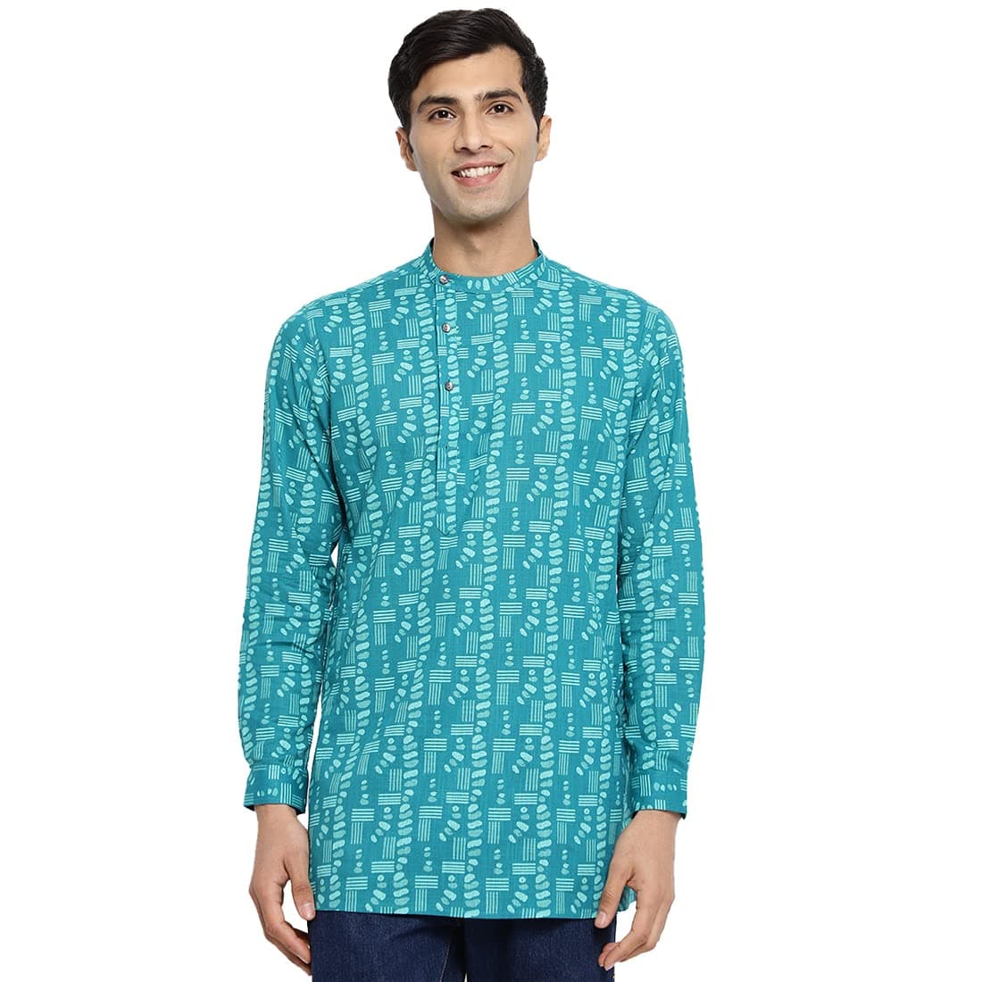 Fabindia Teal Cotton Printed Slim Fit Awadh Neck Short Kurta