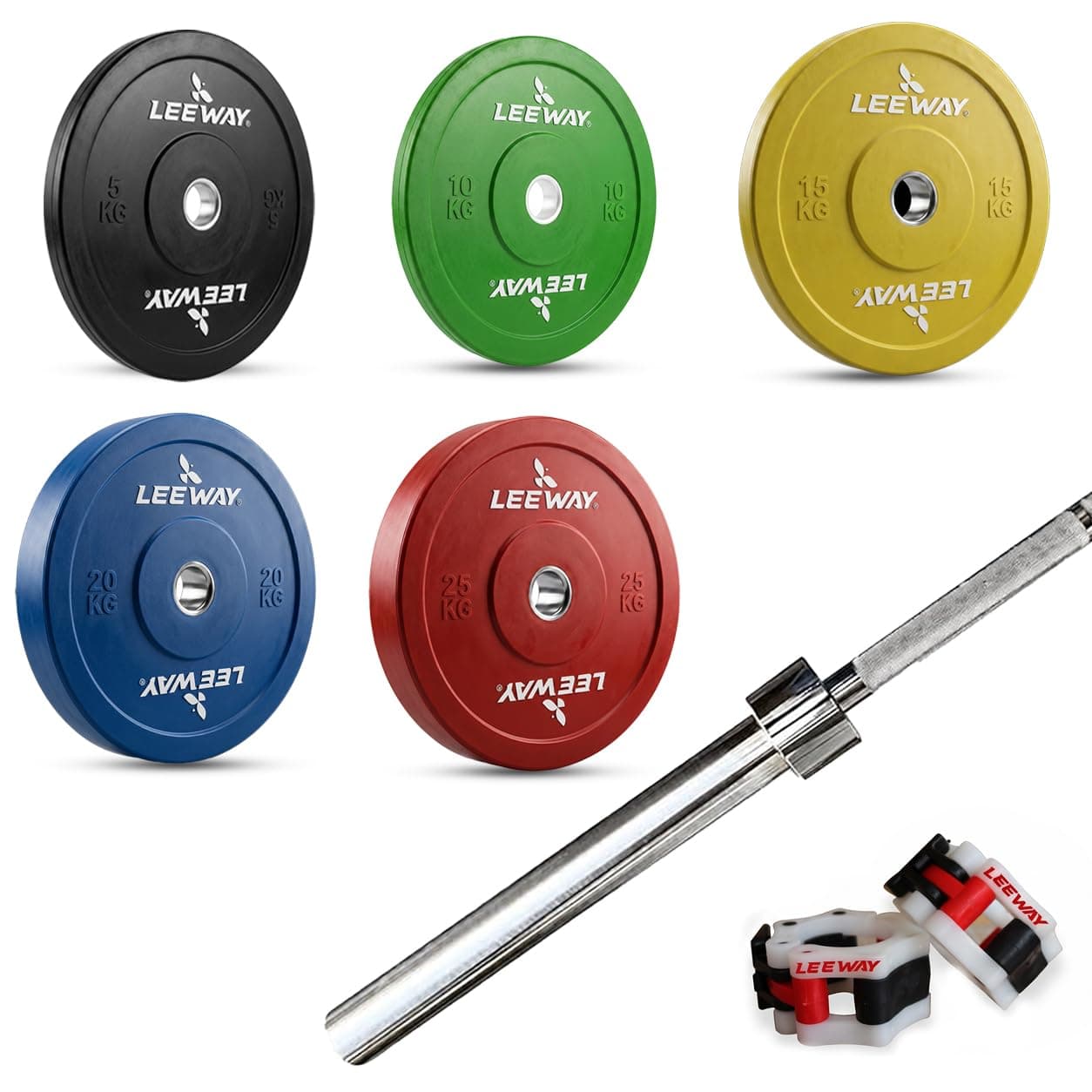 Leeway Olympic Barbell with Color Bumper Weight Plates | 150 Kg Rubber Weight Set and 7.2 Ft & 20kg Otis Chrome Gym Bar | Olympic Weightlifting Gym Plates for Home and Commercial (5x2+10x2+15x2+20x2+25x2)