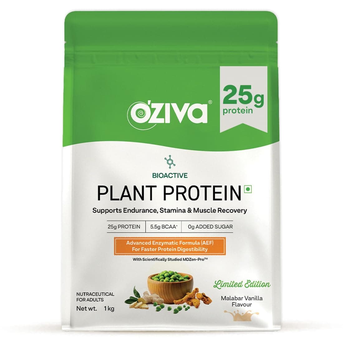 OZiva Bioactive Plant Protein (Malabar Vanilla) | 25g Protein,5.5 BCAA| Pea Isolate| Plant based Protein for Women & Men | Essential Amino Acids| Vegan Protein supplement, Clean, Sugar free, 1kg