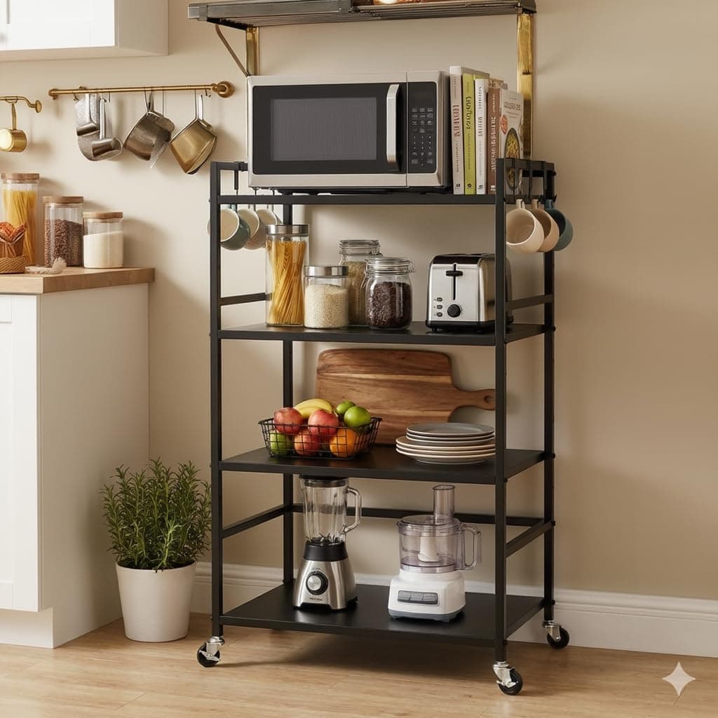 Livzing 4 Tier Metal Dish Rack Height Adjustable Microwave Stand with Hanging Plastic Hooks OTG & Oven Stand Cabinet Microwave Rack with Rolling Wheels Kitchen Dish Organizer Tiered Shelf - Black