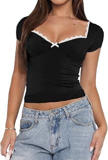 GLARE & BLAIR Solid Sweetheart Neck Lace Trim Bow Front Short Sleeve Ribbed Tops for Women Korean Tops for Women