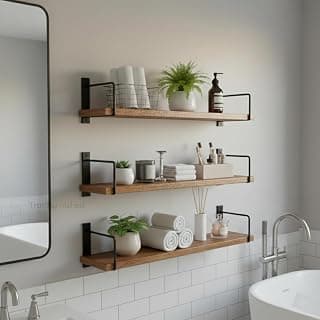 Wall Mounted Bathroom Shelves Set of 3, Glossy Brown Rustic Wood Floating Shelves with Metal Brackets, Wall Storage Rack for Toiletries, Organizer, Kitchen, Bedroom, Living Room 23.5"