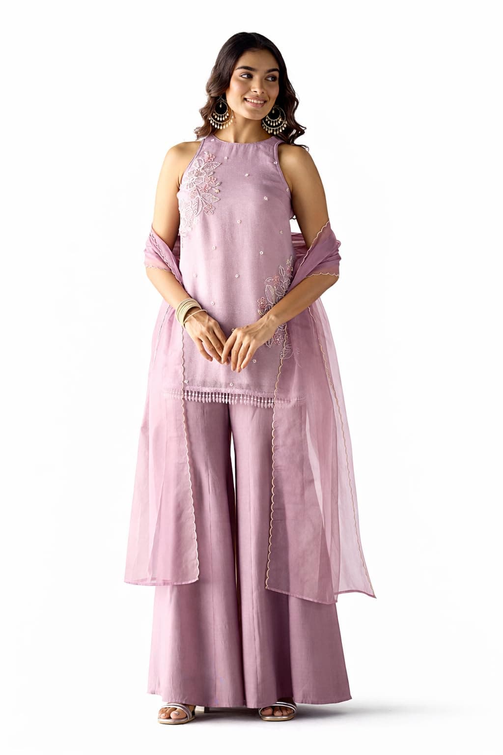 FIORRA Women Lavender Crush Organza Hand-Worked Straight Kurta Set with Dupatta