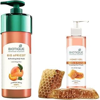 Biotique Bio Apricot Refreshing Body Wash, 800ml & Honey Gel Soothe & Nourish Foaming Face Wash For All Skin Types, 200ml
