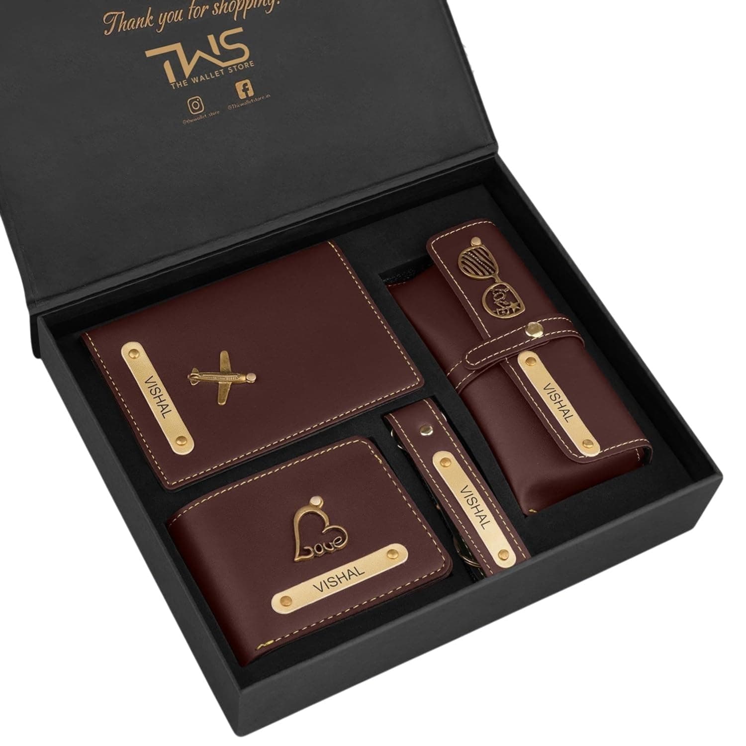 The Wallet Store Personalised Complete Combo for Men | Wallet, Passport Cover, Eyewear Case & Keychain Set with Name & Charm | Premium Gift Box for Birthday, Anniversary & Special Occasions (Brown)