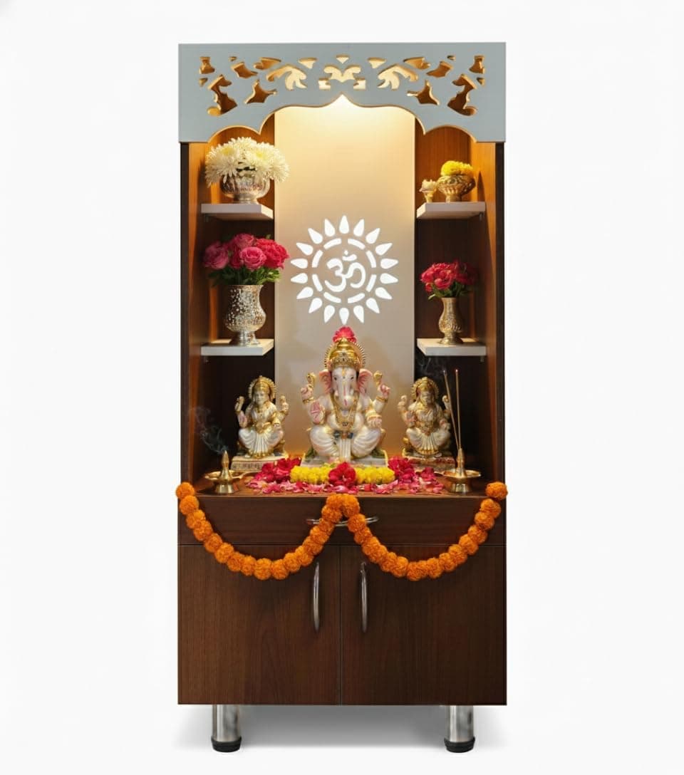 Alpine Willow Premium Temple for Home (Pre-Assembled) Pooja Mandir for Home I Devghar I Puja Ghar I Corian Design Wooden Temple (Walnut & White, 130 X 60 X 35 CM)