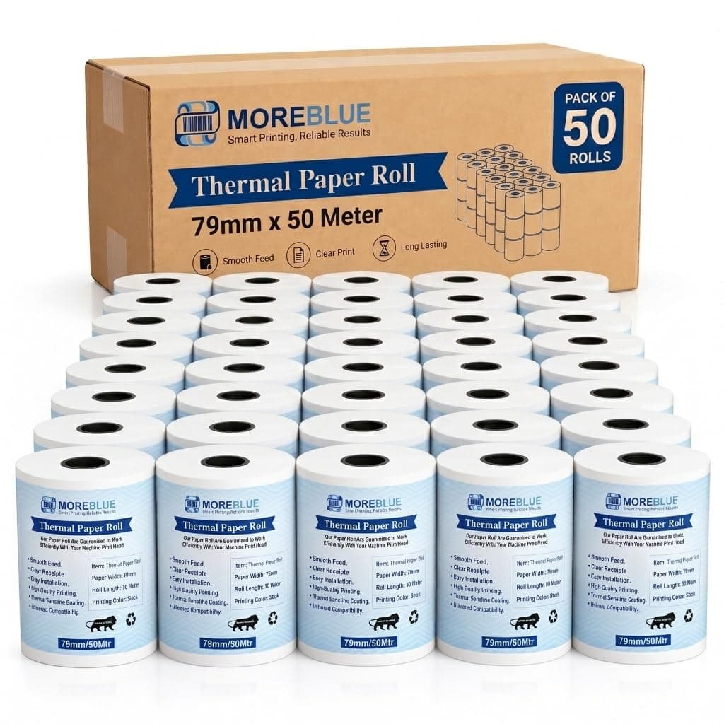 MOREBLUE® 79mm x 50m POS Thermal Paper Rolls Pack of 50, Receipt Billing Paper for Credit Card Machines, POS Printers, Petrol Pump Invoices