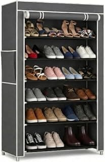 Economy 6 Layer Shoe Rack Plastic with Grey Cover | Multipurpose Plastic Shoe Rack for Home | Space Saving Foldable Shoe Stand | Storage Rack for Home, Bedroom & Entryway