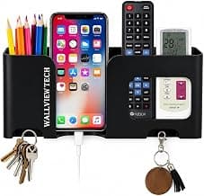 WALLVIEW TECH Wall Mount Mobile Holder|Plastic Storage Case for Ac/Tv Remotes|Multi-Purpose Wall Smartphone Stand for Charging|Remote Wall Organiser|Smart Stand Wall Gadget (Black)