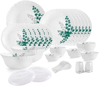 CELLO Aqua Leaves Dazzle Series Opalware Dinner Set, 37 Pieces, Service for 6, White, Extra Large (Model: CLO_OPLWR_DZZL_AQLVS_DS_37PCS)