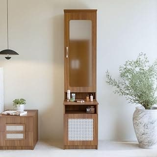 NEUDOT Sakura Rattan Wooden Dressing Table With Mirror And Storage | Engineering Wood | Vanity Table With Mirror | Vanity Dressing Table For Bedroom, 12 Months Warranty | Leon Teak Finish,Brown