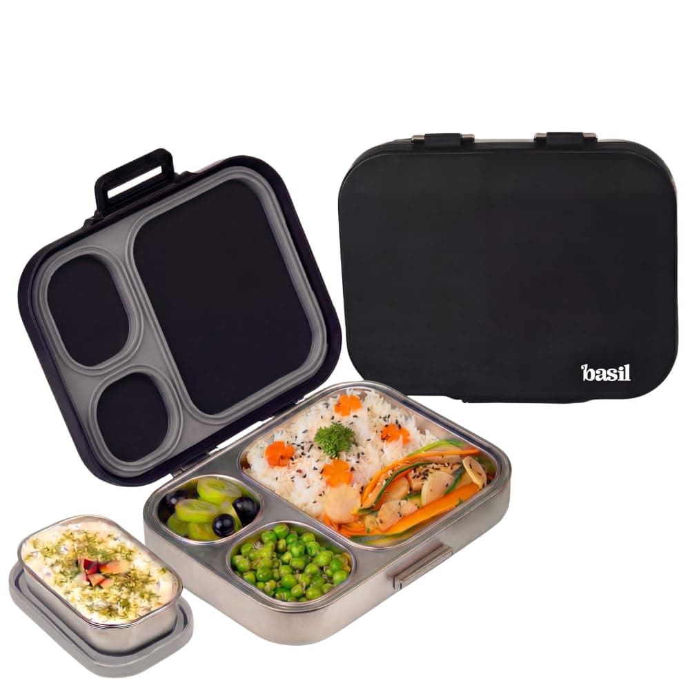 Basil Bento Box Quad Plus -3+1 Compartment Stainless Steel Lunch Box (1020ml) with BPA Free Lid | Leak Proof Tiffin for Kids & Adults | Premium Lunch Box for School, Office & Picnic - Classic Black