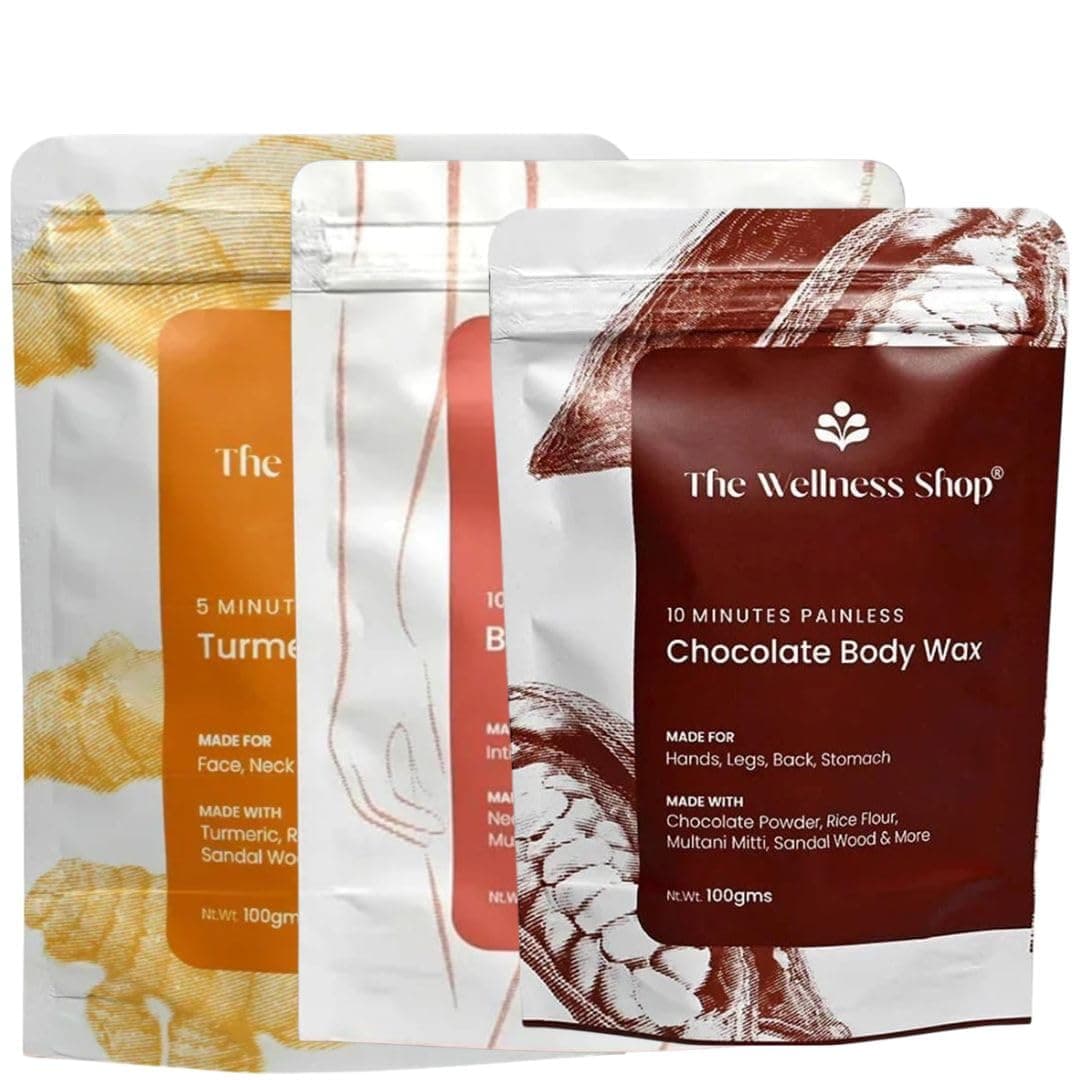 The Wellness Shop Combo – Turmeric Facial Wax, Chocolate Body Wax & Bikini Wax (Each Pack 100g) – Hair Removal & Skincare Kit for Women – Brightening, Nourishing, Festive Glow Kit