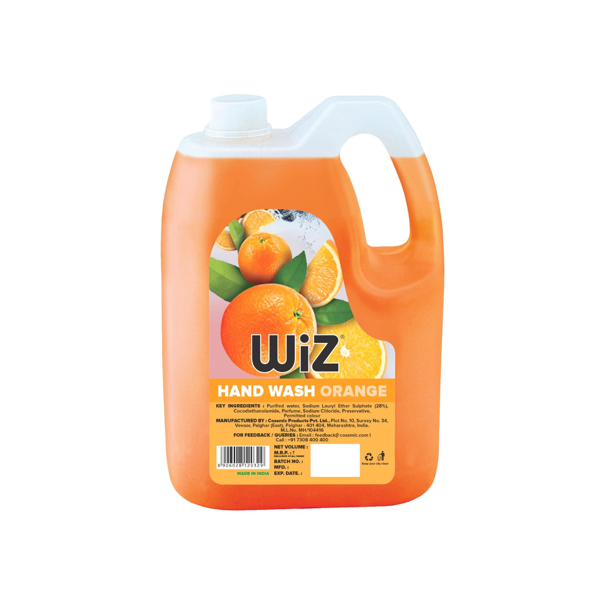 Wiz Orange Handwash Liquid Soap Refill Can - 5L | Germ Protection | Hand Wash with Added pH-Balanced & Moisturizers for Soft & Gentle Hands | Suitable for all Skin Types