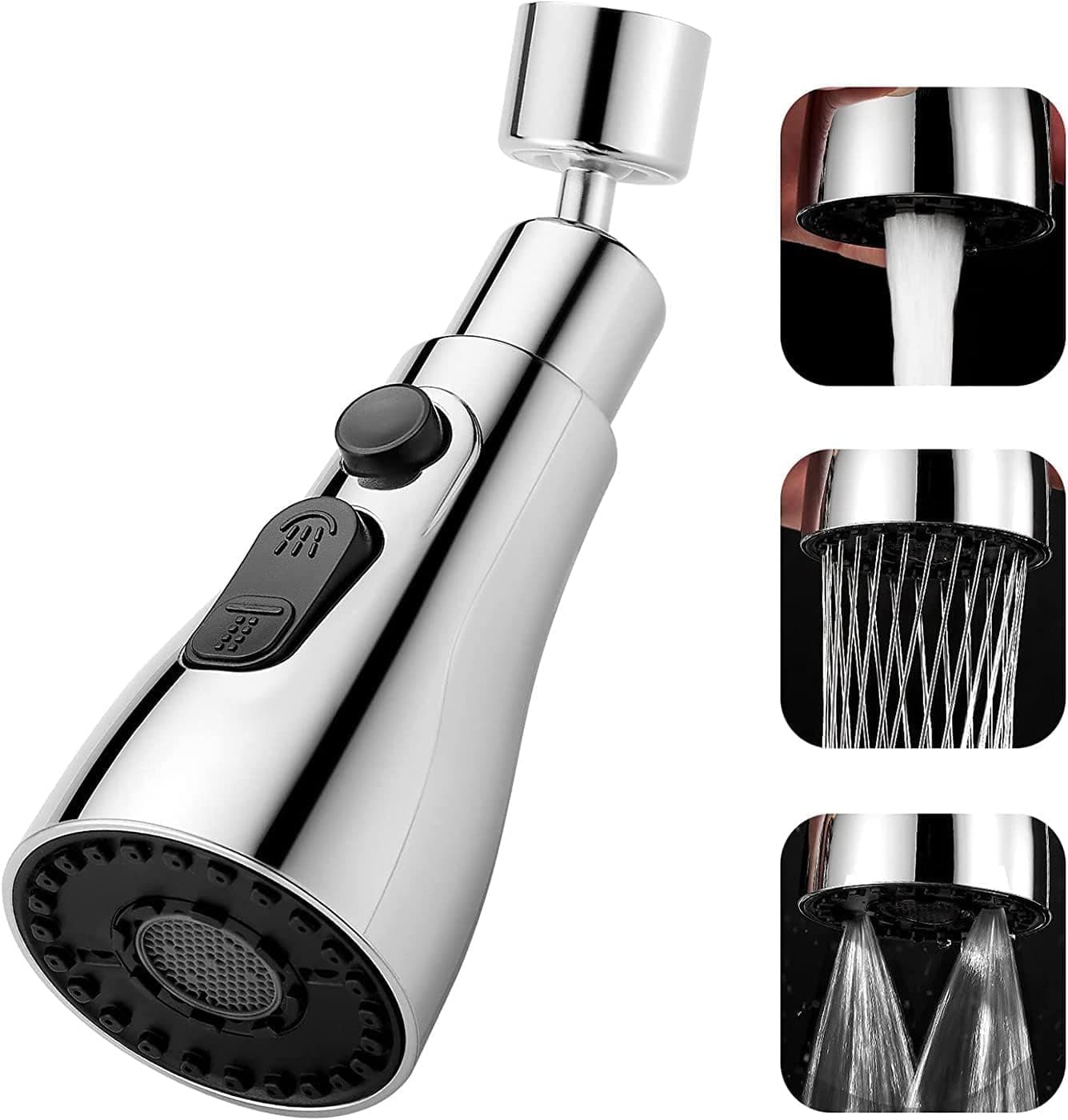 PERPART Universal Kitchen Faucet 3-Function Pull Down Sink Sprayer Attachment for Faucet Pull Out Spray Head Big Angle Rotatable Anti -Splash Faucet for Kitchen Rotating Sink Faucet Aerator (silver)