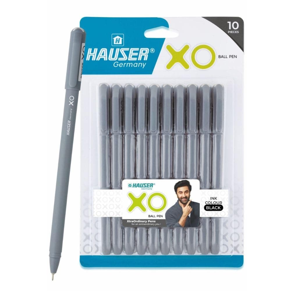 Hauser XO Ball Pen Blister Pack | Tip Size 0.7 Mm | Sleek Body & Minimalistic Design | Matt Finish | Solid Body Type | Low Viscosity Ink | Ultra Durable Tip | Black Ink, Set Of 10 Pens