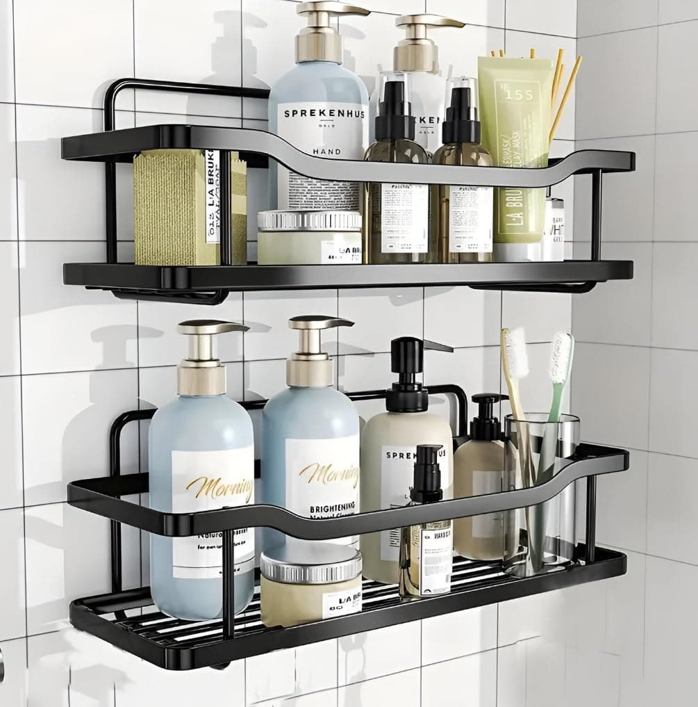 Black Shower Caddy Shelf Organizer for Bathroom Wall – No-Drill Rustproof Storage Rack with Hooks – Strong Adhesive Mount – Space-Saving Shower Basket for Shampoo, Conditioner, Toiletries (Pack of 1)