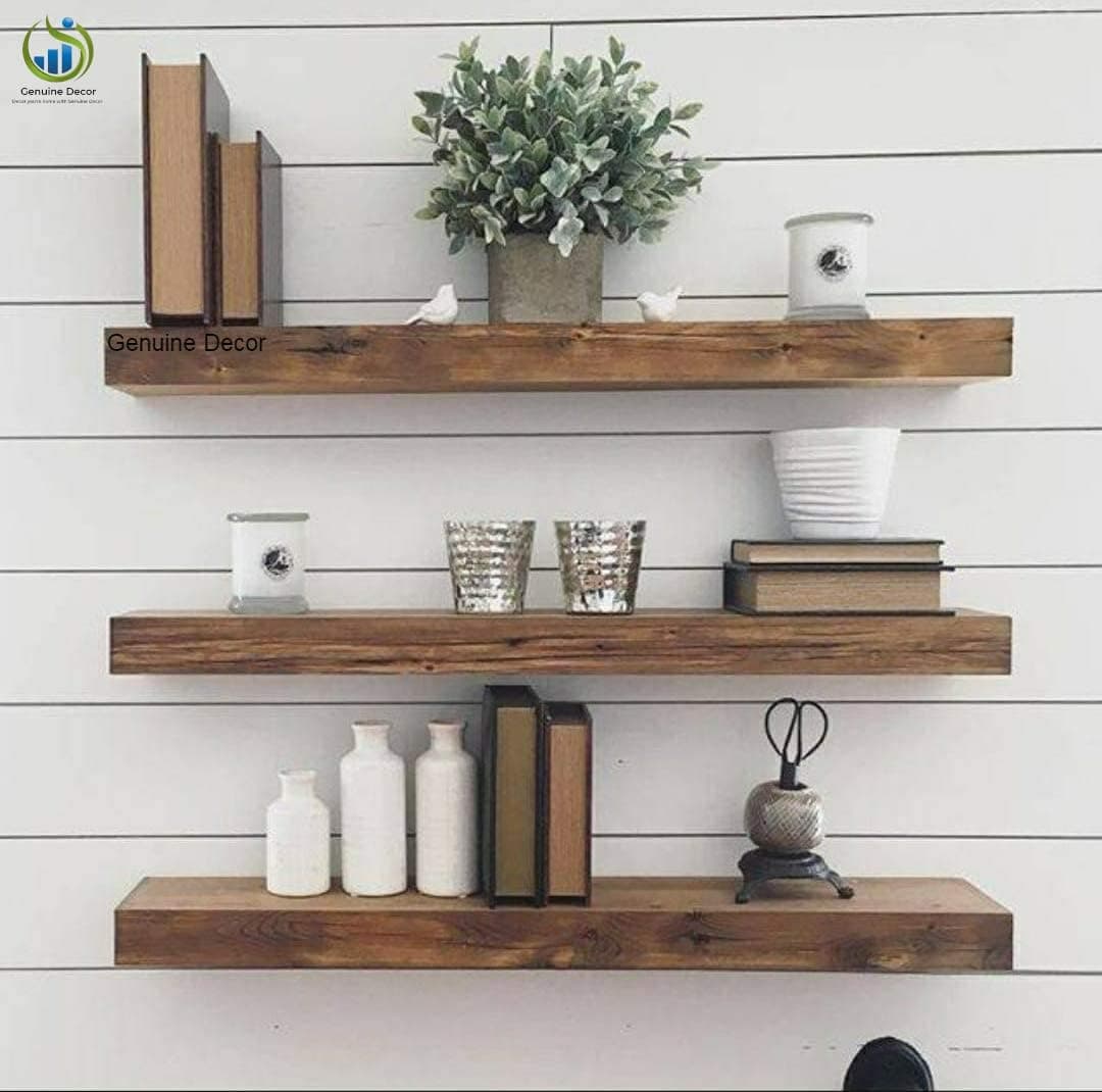 Genuine Decor Floating Shelves for Wall Set of 3, Rustic Wall Mounted Ledge Shelf for Bathroom, Bedroom, Living Room, Kitchen Light Walnut 22 Inch