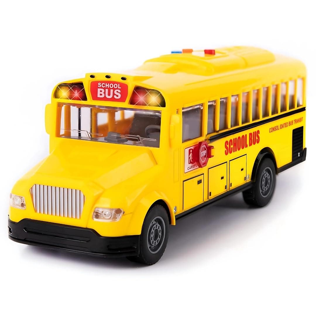 PLUSPOINT Big School Bus Van Toy Friction Powered City Service Vehicle with Lights and Cool Sounds and Songs Openable Doors,Heavy Duty Push n Go Vehicles Yellow Bus Kids, Girls, Boys, Toddlers