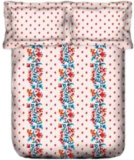 Portico Dazzle Floral Pattern Bedsheet Set with Red Polka Dots, White with Blue and Orange Flowers, Cotton Blend
