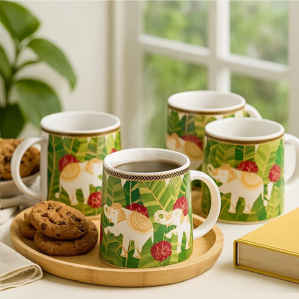 KITTENS® Ceramic Coffee Mug Set of 4 (300ml Each) | Microwave & Dishwasher Safe | Elephant Print Designer Cups for Coffee & Tea | Premium Gift & Daily Use Mug Set