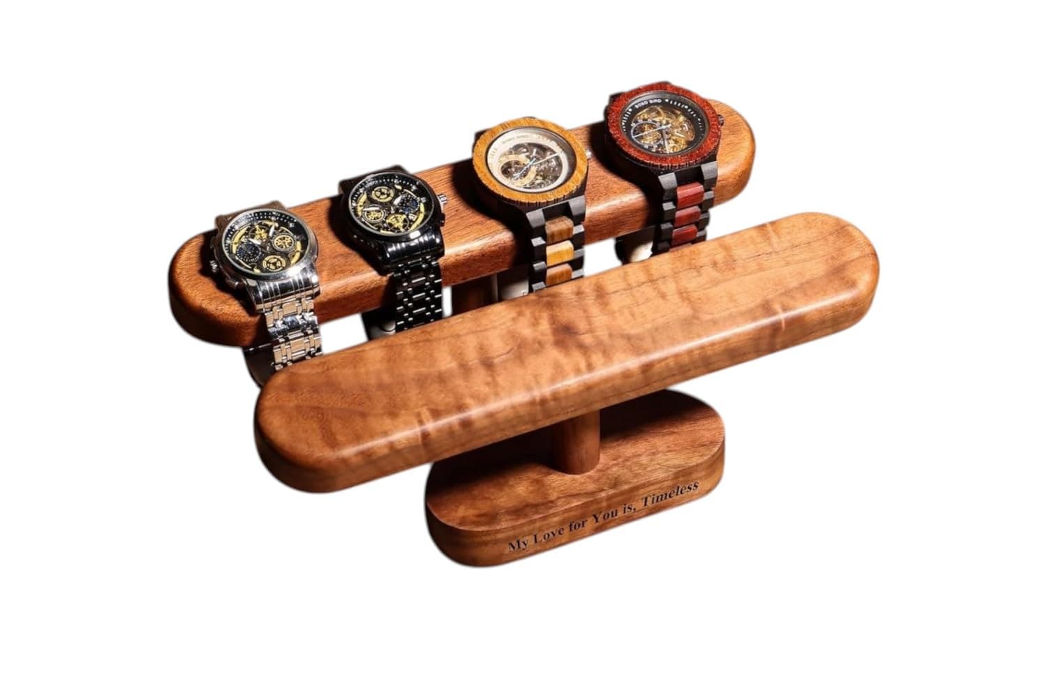 NJ craft house Wooden Watch Stand for 4 or 5 Watches – Premium Beech Wood Watch Holder with Custom Engraving | Men’s & Women’s Watch Display Rack, T-Bar Organizer & Gift Showcase