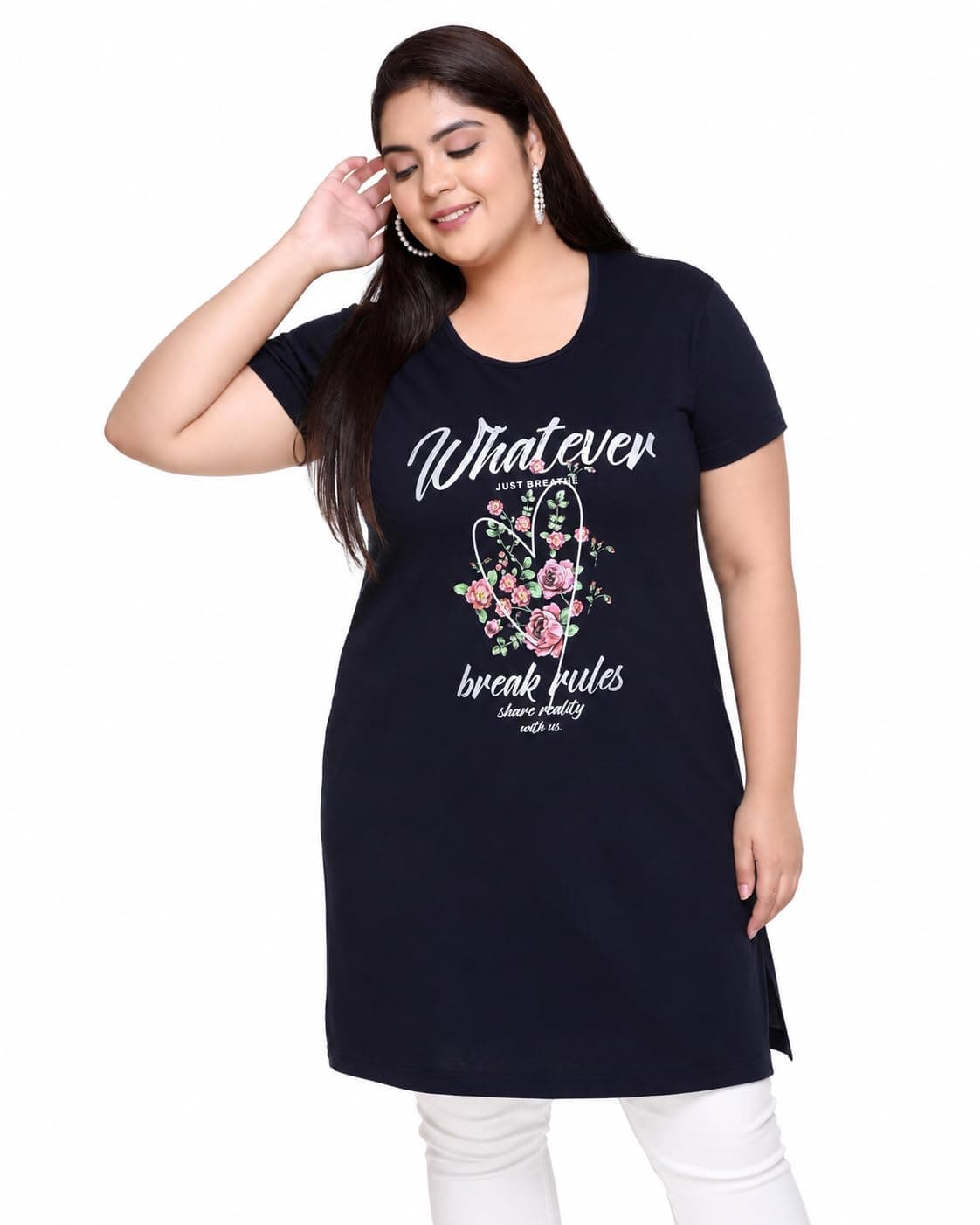 In Love Women's Printed Cotton Plus Size Longline T-Shirt with Pockets | Cotton fabric - soft longline T-shirt with easy plus-size fit
