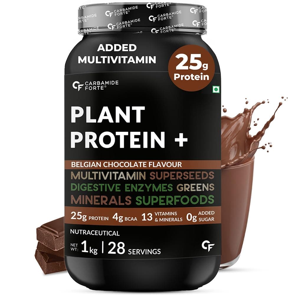 Carbamide Forte Plant Protein Powder For Men - Plant Based Protein Powder with Multivitamin, Minerals, Superfoods, Pea Protein, Digestive Enzymes - Belgian Chocolate Flavour - 1kg
