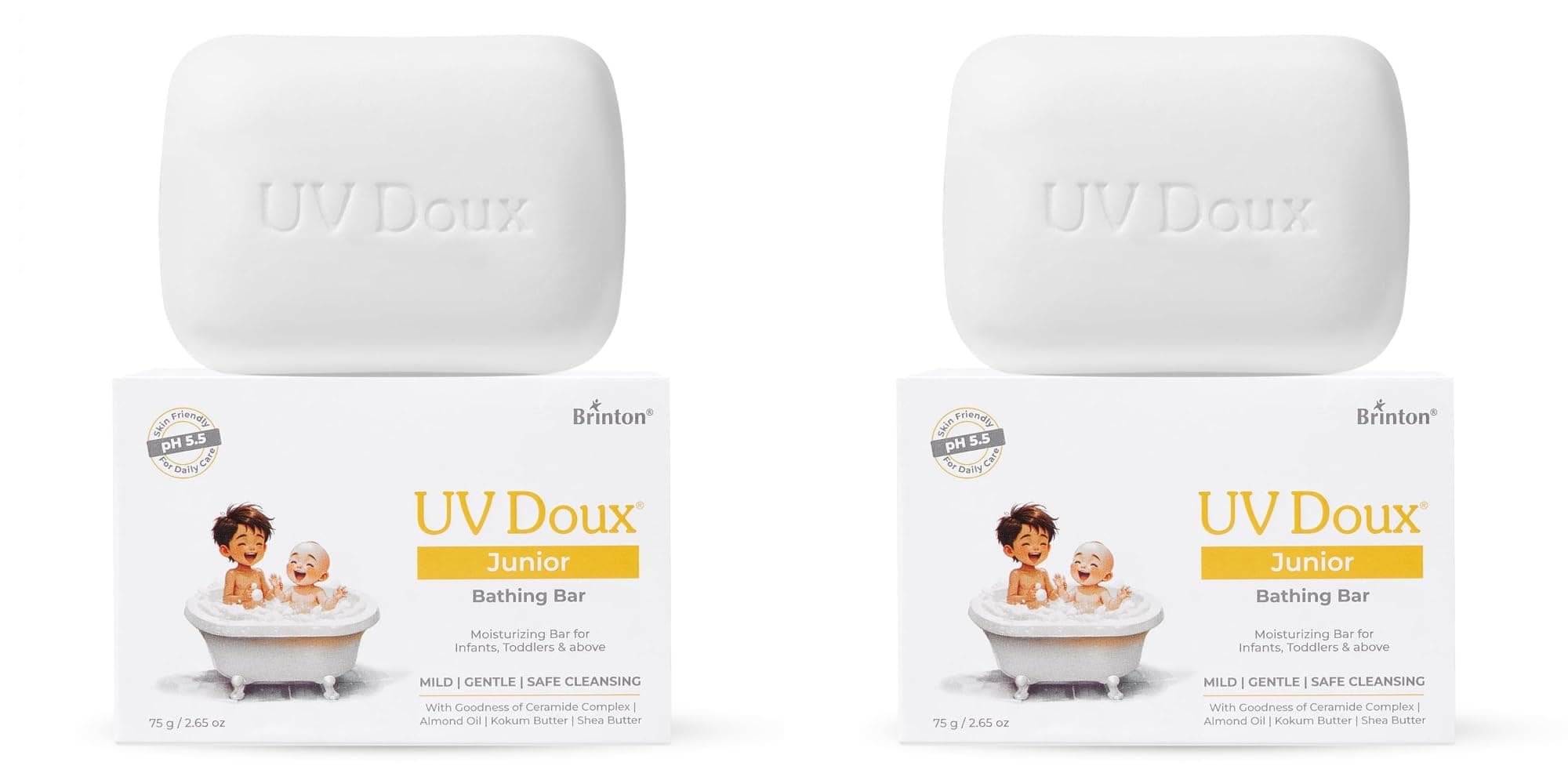 Brinton UV Doux Junior Moisturizing Bathing Bar | 4 Ceramides complex with Shea Butter Almond Oil & Kokum Butter | Syndet Bar for Dry Sensitive & Atopic Baby Skin | Soap-Free | pH 5.5 | 75 g x 2