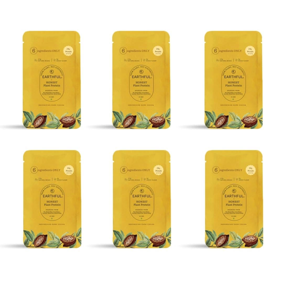 Earthful Plant Protein for stamina, energy, and managing weight - Made with pea and brown rice - Indonesian Cocoa - Six Single-use Sachets, 42 grams each, 24 gms of protein per sachet