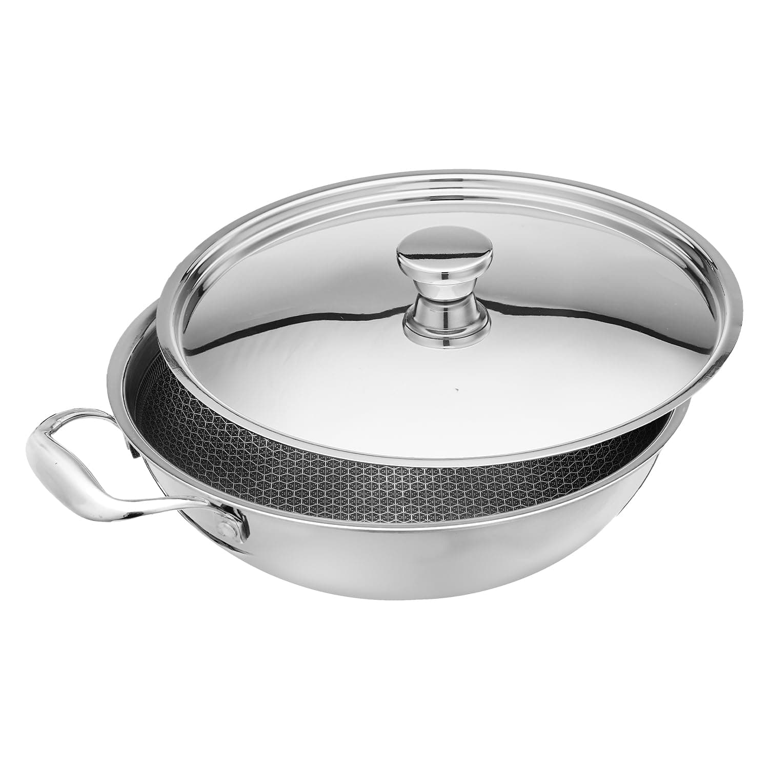 Amazon Basics Non-Stick Honeycomb Triply Stainless Steel Kadhai with Steel Lid, 24 cm - 2.7L, Fast & Even Heating, Induction & Gas Compatible