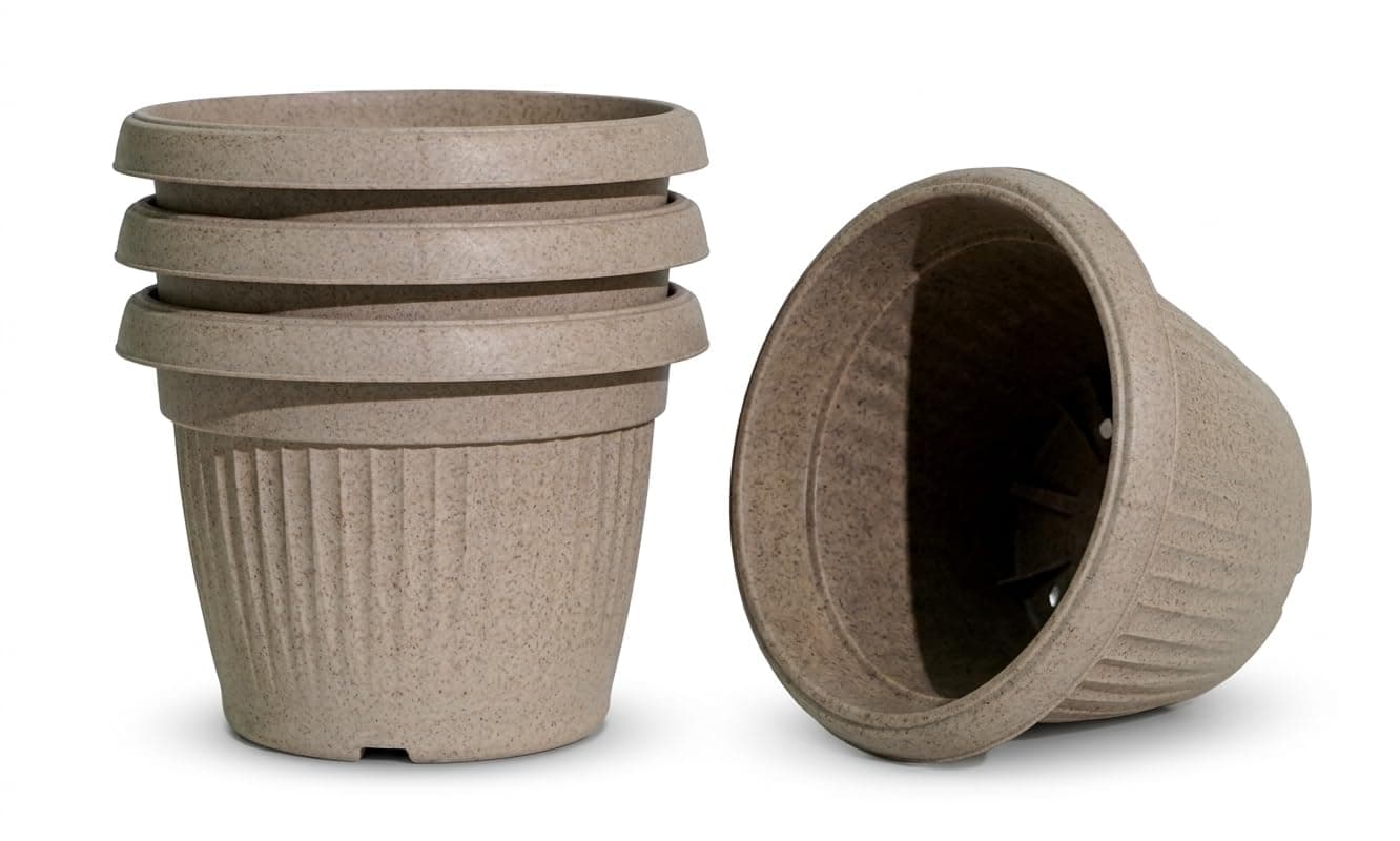 Harshdeep Flower Pots for Home Decoration - Bello - Indoor Living Room Balcony Garden Decorative Round Earth Friendly 10 Inch Planter Made of Bamboo and Rice Husk Recyclable Set of 4 (Cream)