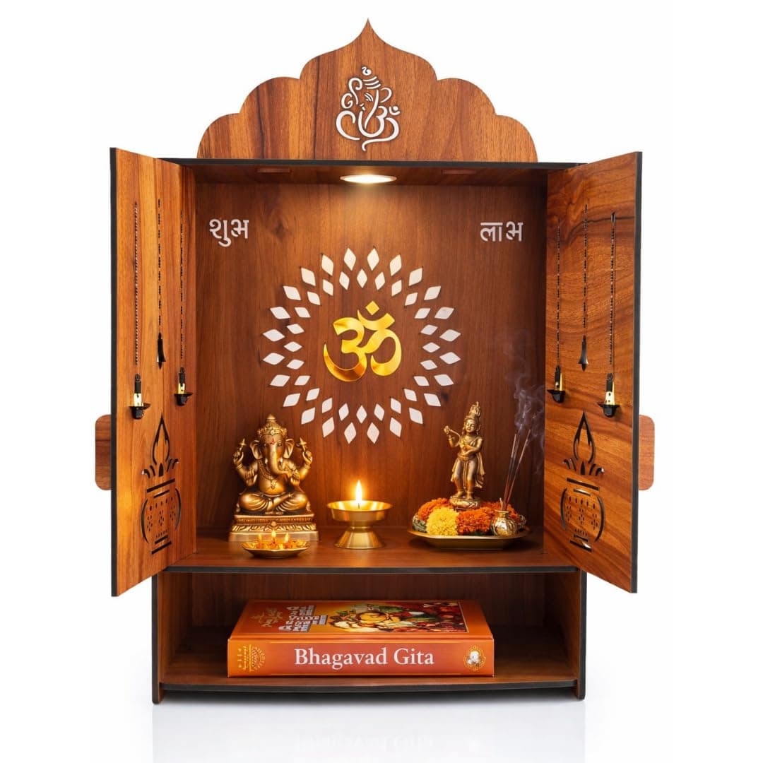Gloridec Wooden DIY Pooja Temple for Home with Door | Pooja mandir with Door Wall Mounted Temple with LED Light | Home Mandir for Puja Room, Living Room & Office (49 x 30 x 20 CM)