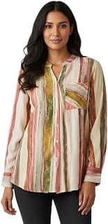 Gufrina Women's Cotton Shirt with Mandarin Collar Neck Full Puff Sleeves Striped Pattern Regular Fit and Standard Length
