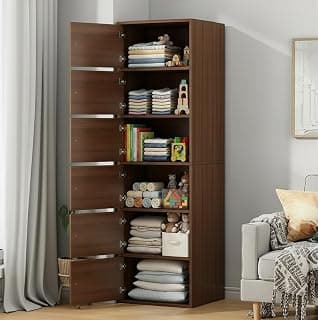 EXVITO Engineered Wood Wardrobe for Bedroom | Foldable 6-Shelf Wooden Storage Cabinet | Cupboard Almirah for Clothes | Collapsible Wardrobe | Space Saving Wooden Cabinet - WALLNUT