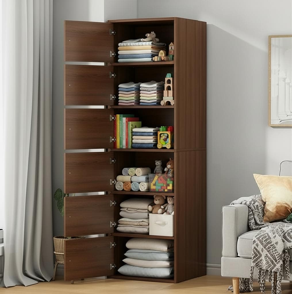 EXVITO Engineered Wood Wardrobe for Bedroom | Foldable 6-Shelf Wooden Storage Cabinet | Cupboard Almirah for Clothes | Collapsible Wardrobe | Space Saving Wooden Cabinet - WALLNUT