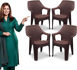 MAHARAJA Plastic Chair Set, Chair for Living Room, Home, Plastic Chair for Home with Arm Rest/Modern Stylish Design with Glossy & Matte Finish Bearing Capacity 200Kg. (Brown, Pack of 4)