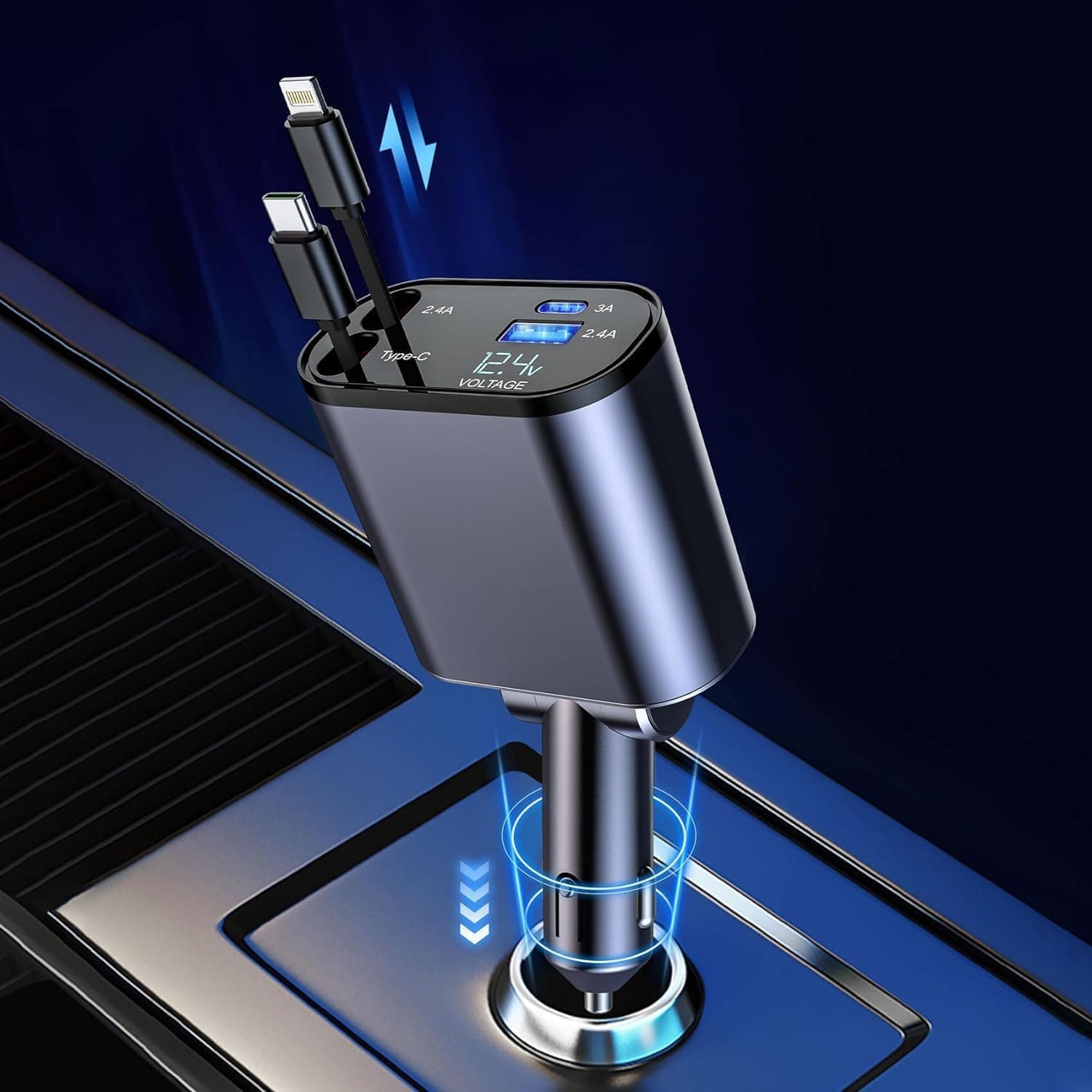 120W 4 in 1 Retractable Car Charger,Fast Car Phone Charger,Retractable Cables & 2 USB Ports Car Adapter for Android Phones & iPhone 17/16/15/14/13/12/11 Pro Max,Xr,Ipad,Dash Cam & Other Devices